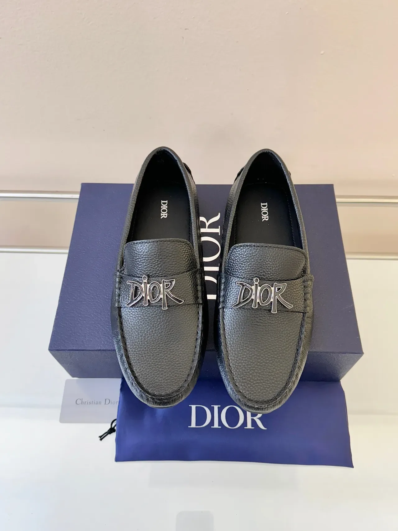 Dior Black Silver Pebbled Leather Metal Logo Hardware Loafer 6
