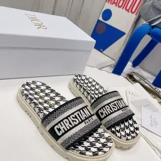 Dior Black White Houndstooth Print Woven Oblique Strap Slippers
