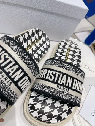 Dior Black White Houndstooth Print Woven Oblique Strap Slippers 3
