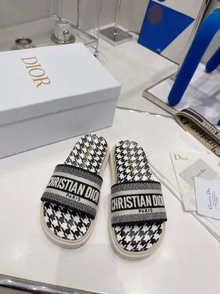Dior Black White Houndstooth Print Woven Oblique Strap Slippers 8