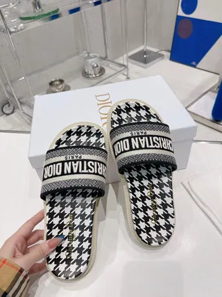 Dior Black White Houndstooth Print Woven Oblique Strap Slippers 9