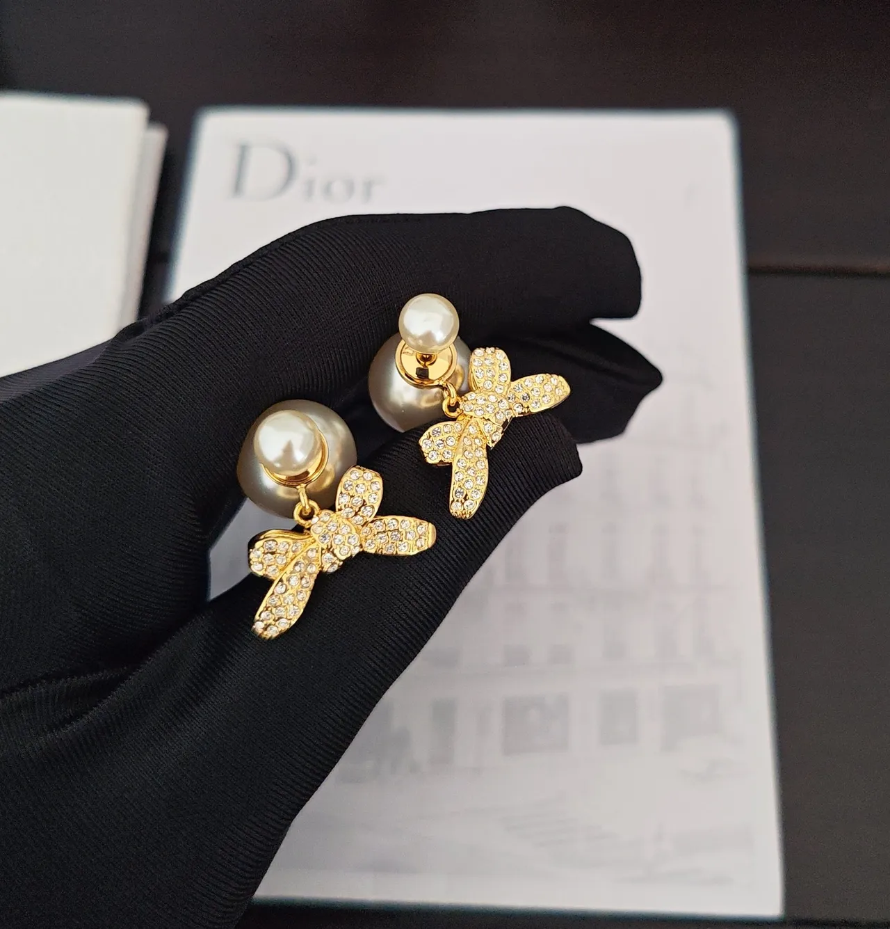 Dior Bow Motif Pearl and Crystal Earrings 4