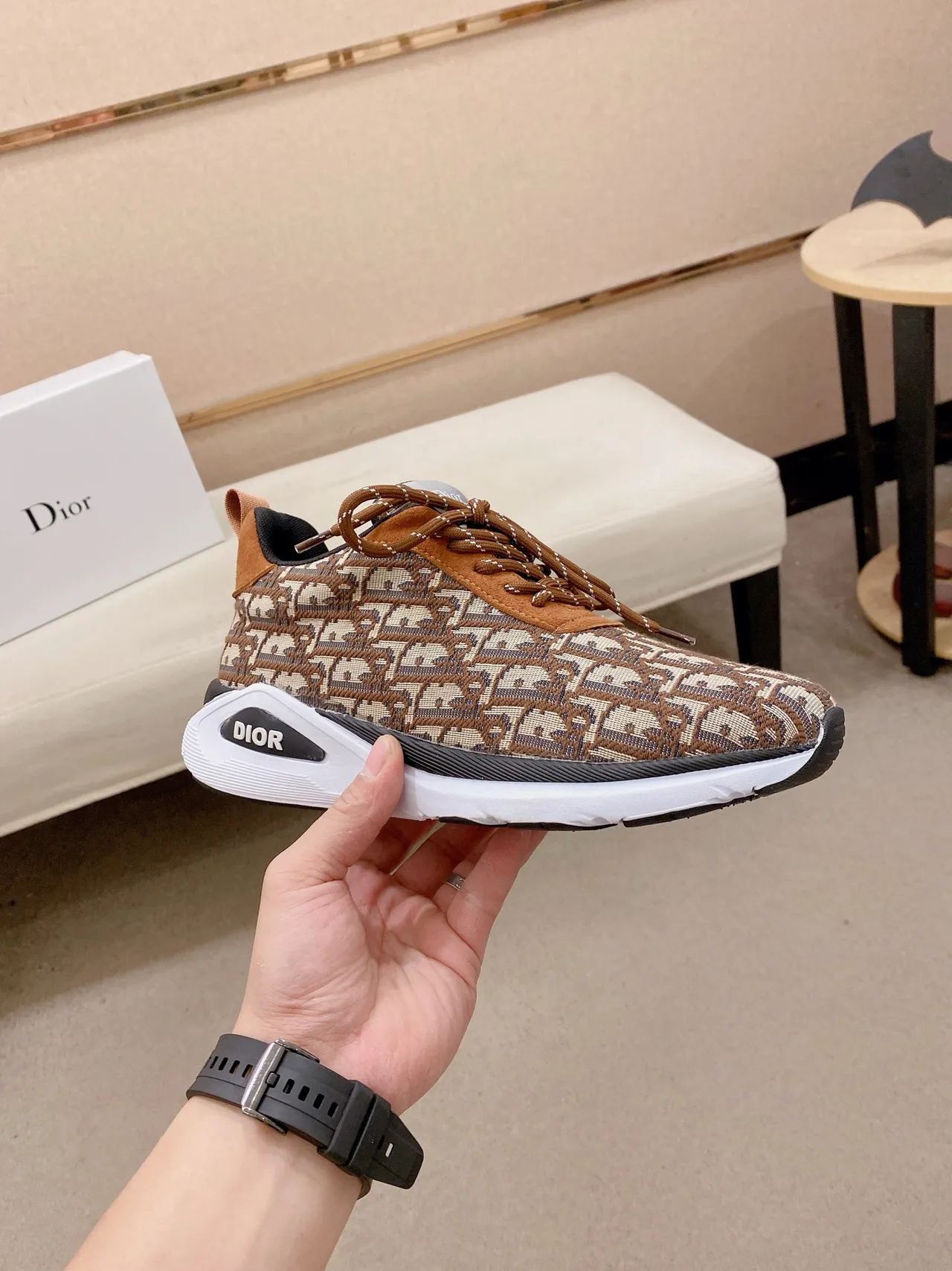 Dior Brown Beige Monogram Knit Upper Tan Suede Accents Lifestyle Sneakers 5