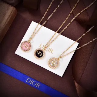 Dior Gold Pink Chain Circular CD-Logo Pendant Necklace