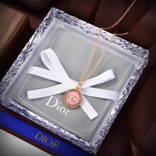 Dior Gold Pink Chain Circular CD-Logo Pendant Necklace 4