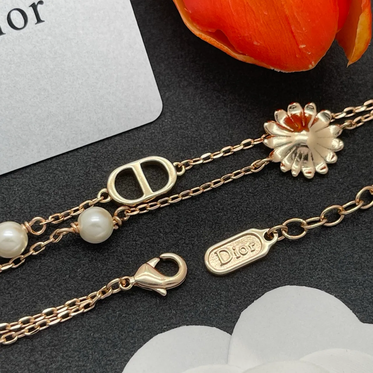 Dior Gold-Tone Double Chain Pearl and Daisy Charm Bracelet 2