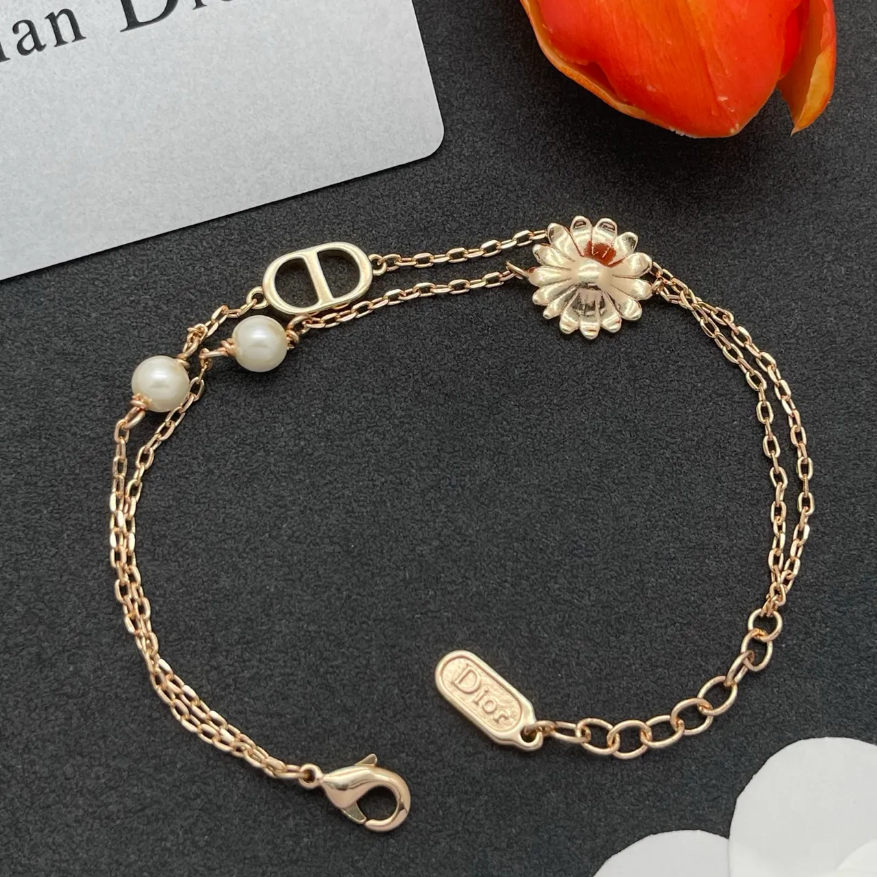Dior Gold-Tone Double Chain Pearl and Daisy Charm Bracelet 3