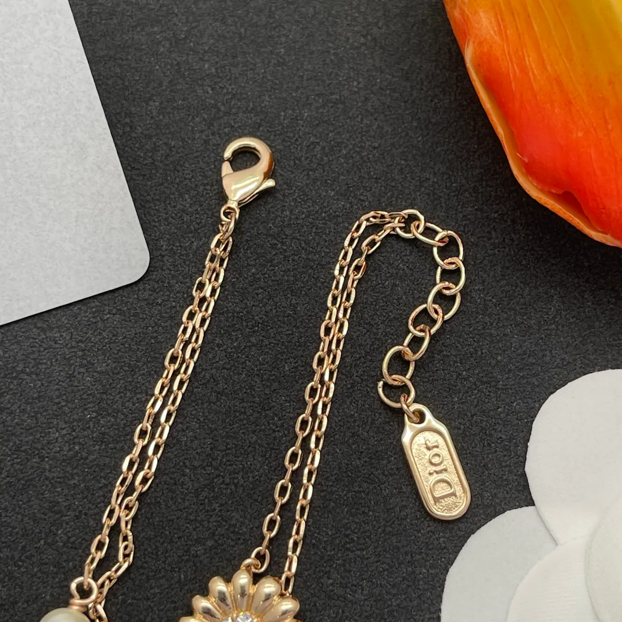 Dior Gold-Tone Double Chain Pearl and Daisy Charm Bracelet 5