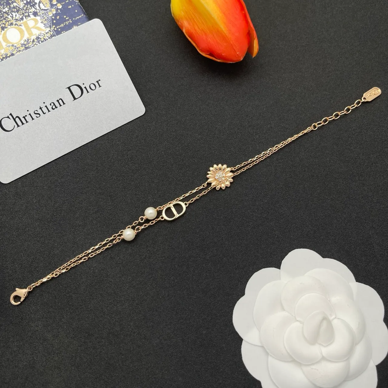 Dior Gold-Tone Double Chain Pearl and Daisy Charm Bracelet 7