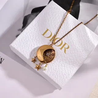 Dior Gold White Crescent Moon Pendant Pavé Star Detail Necklace