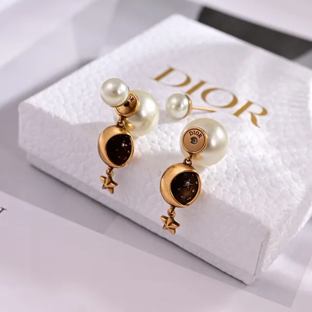 Dior Gold White Crescent Moon Pendant Pavé Star Detail Necklace 2