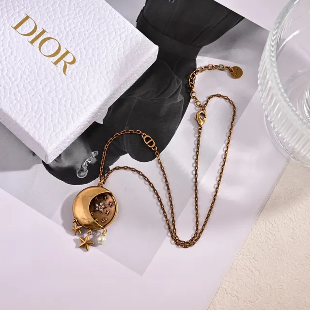 Dior Gold White Crescent Moon Pendant Pavé Star Detail Necklace 7