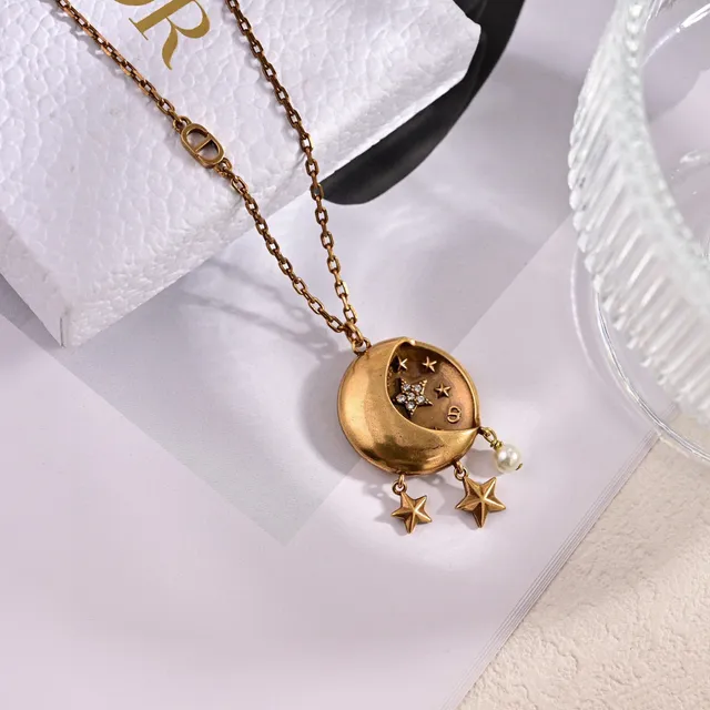 Dior Gold White Crescent Moon Pendant Pavé Star Detail Necklace 8