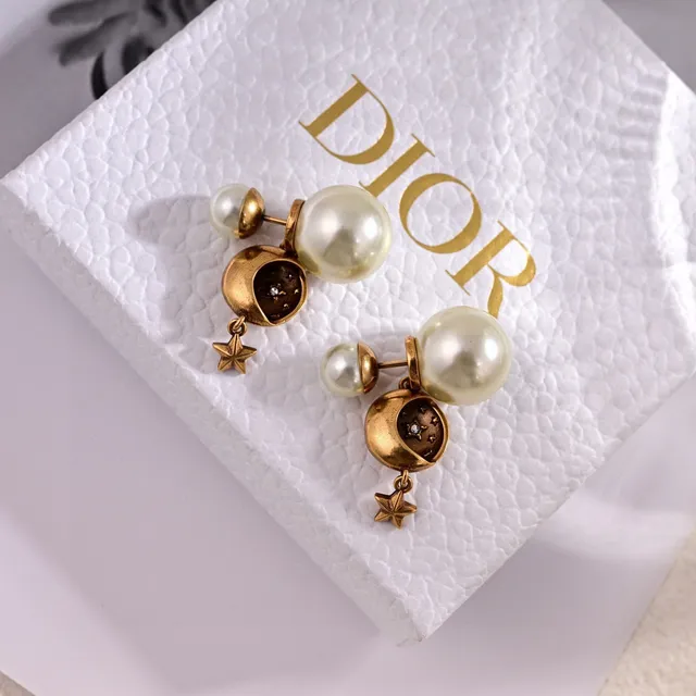 Dior Gold White Crescent Moon Pendant Pavé Star Detail Necklace 9