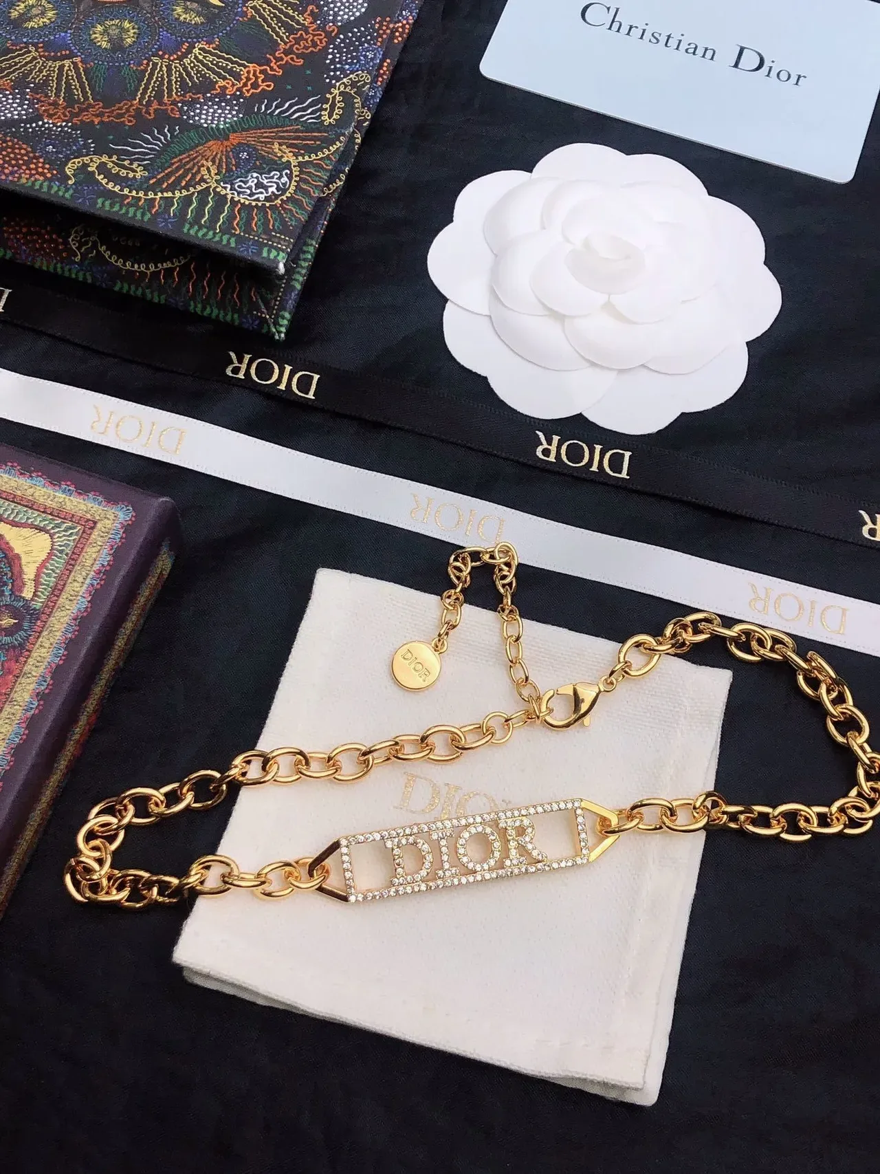 Collier Dior Chaîne à Maillons Ovales Or Blanc Ornée de Cristaux Plaque Logo 5