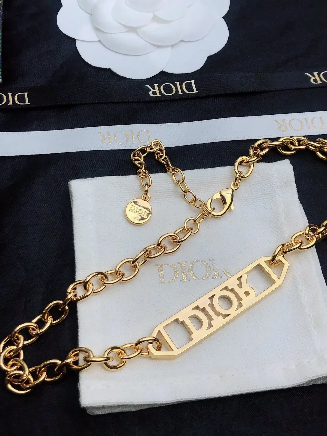 Collier Dior Chaîne à Maillons Ovales Or Blanc Ornée de Cristaux Plaque Logo 6