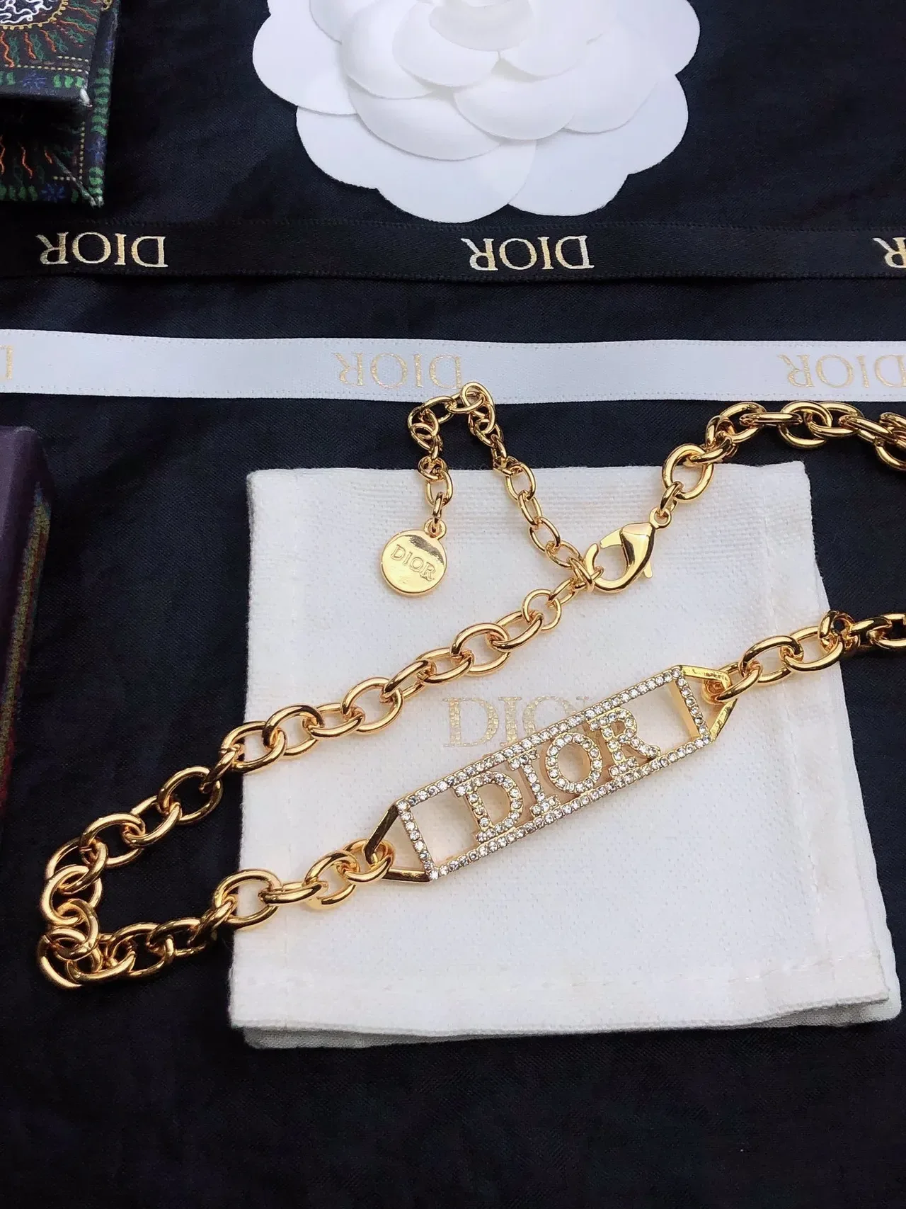 Collier Dior Chaîne à Maillons Ovales Or Blanc Ornée de Cristaux Plaque Logo 7