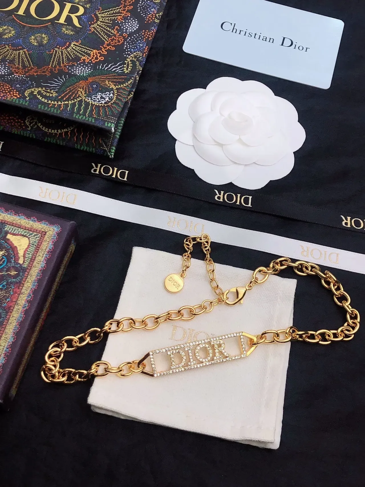Collier Dior Chaîne à Maillons Ovales Or Blanc Ornée de Cristaux Plaque Logo 9