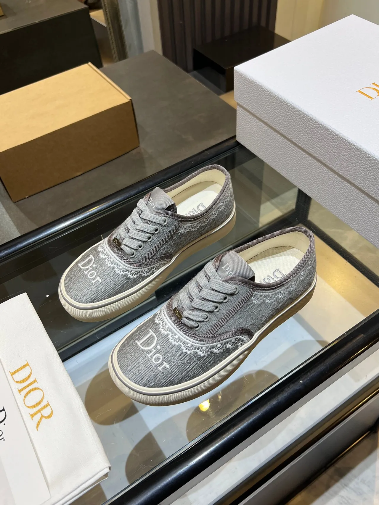 Dior Gray White Jacquard Monogram Upper Lace Trim Detail Lifestyle Sneakers 2