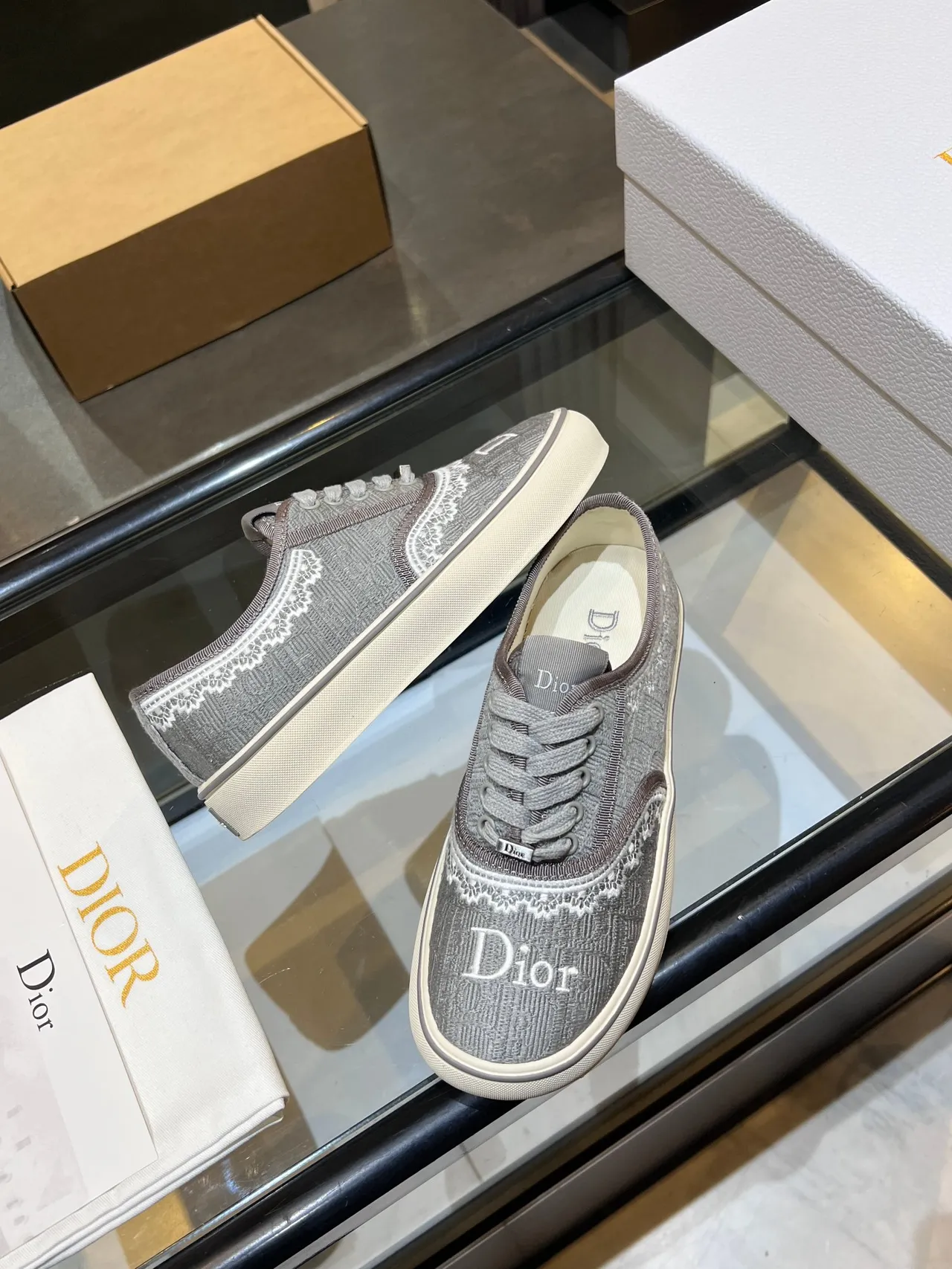 Dior Gray White Jacquard Monogram Upper Lace Trim Detail Lifestyle Sneakers 3