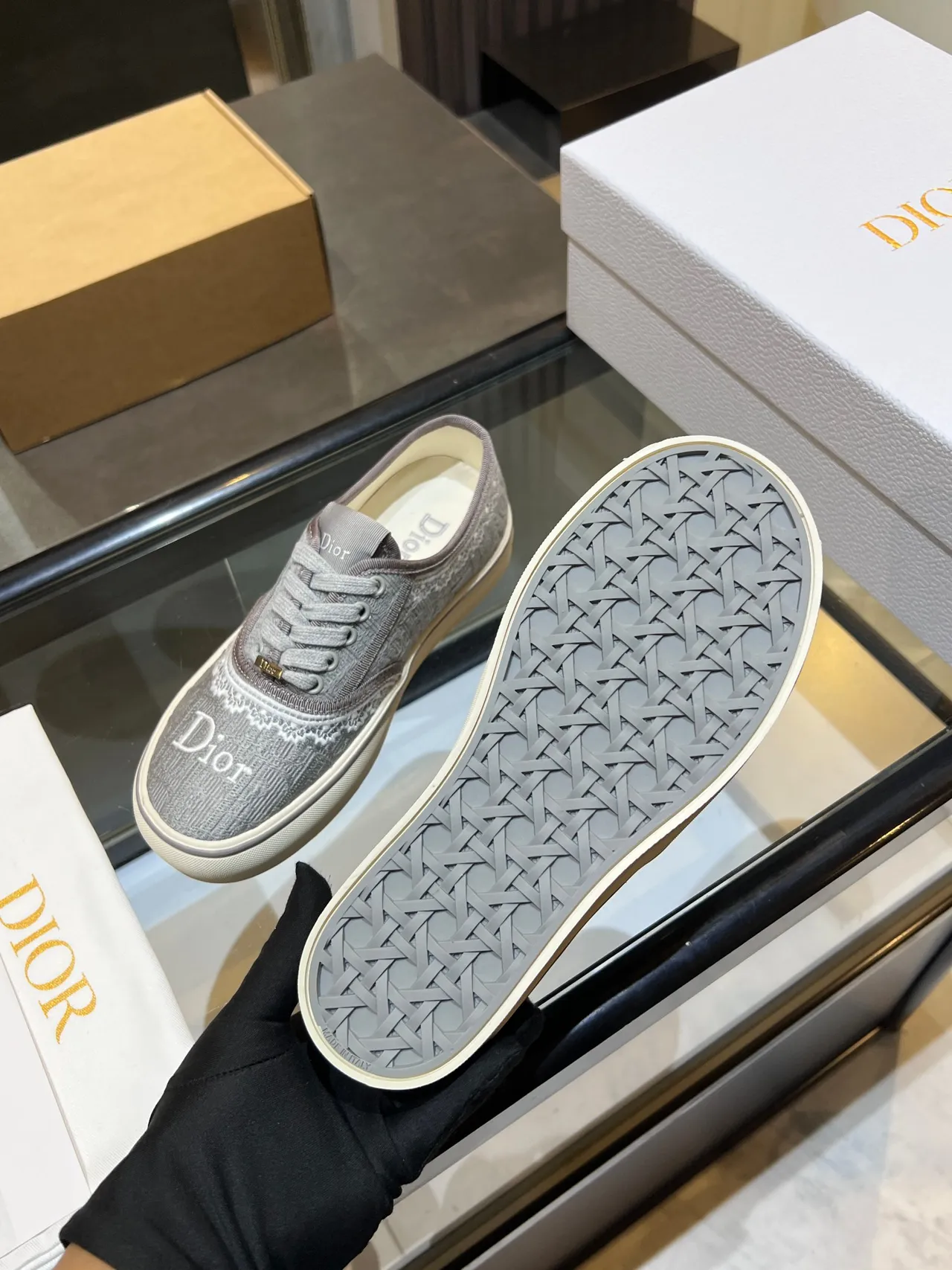 Dior Gray White Jacquard Monogram Upper Lace Trim Detail Lifestyle Sneakers 4
