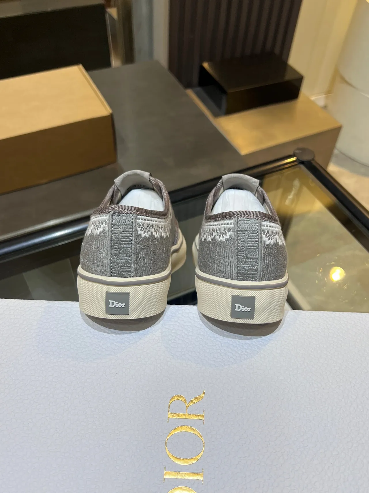 Dior Gray White Jacquard Monogram Upper Lace Trim Detail Lifestyle Sneakers 5