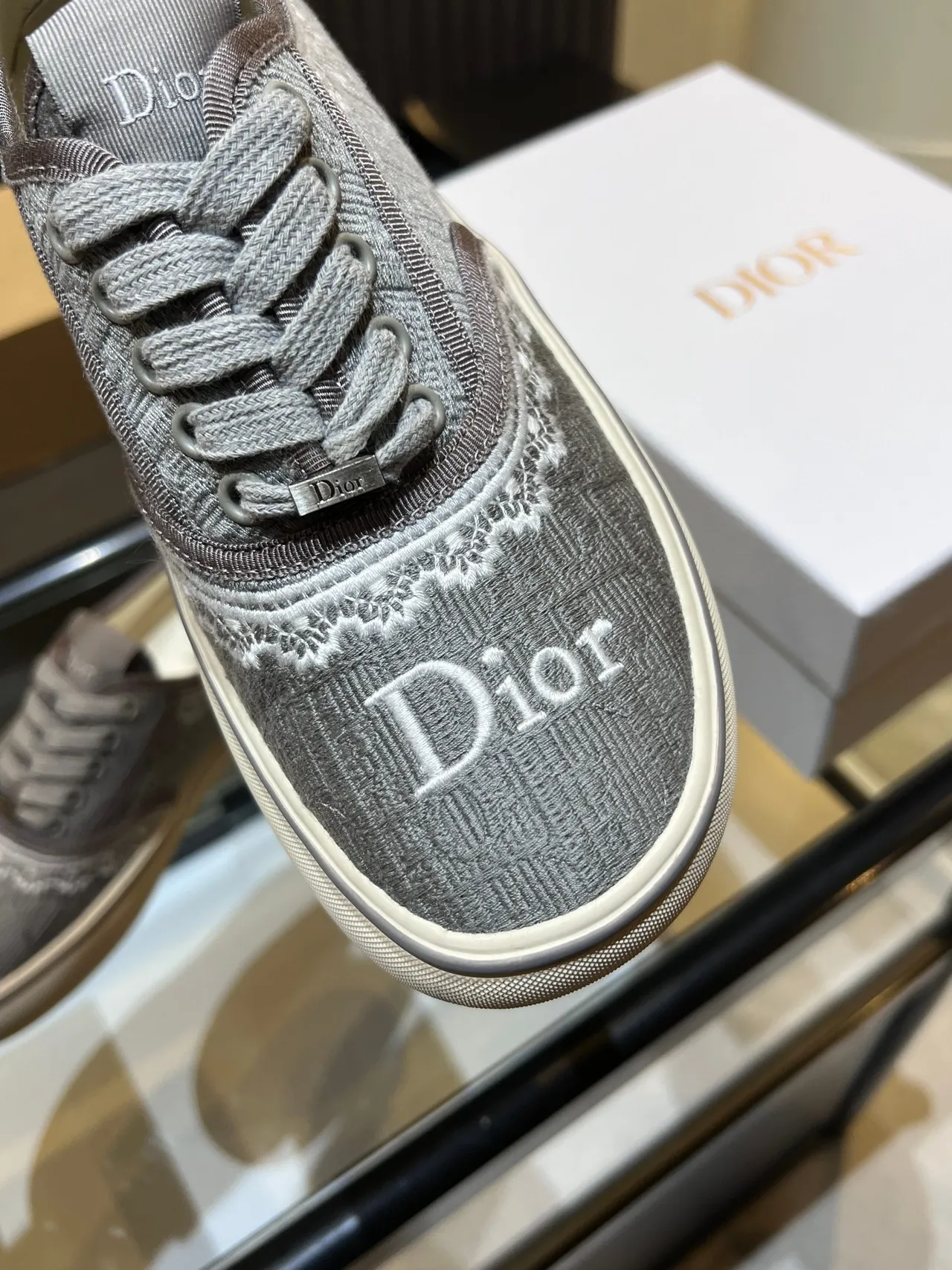 Dior Gray White Jacquard Monogram Upper Lace Trim Detail Lifestyle Sneakers 6