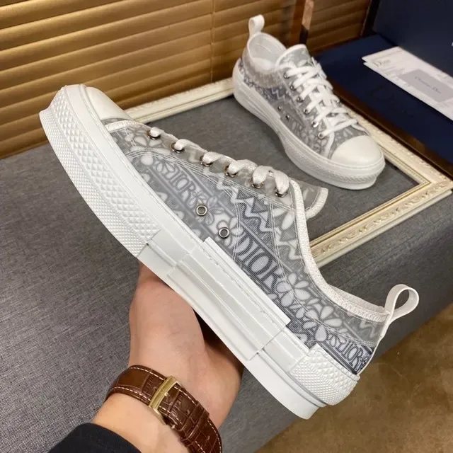 Dior Gray White Monogram-Print Canvas Upper Branded Heel Tab Lifestyle Sneakers 8