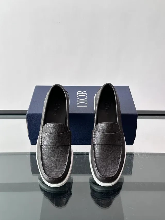 Dior Loafer Gray White Pebbled Leather Penny Strap Loafer 4