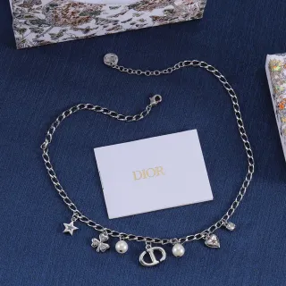 Dior Multi-Charm Necklace Silver White Curb Chain Pendant Necklace