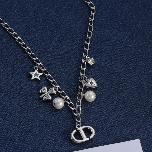 Dior Multi-Charm Necklace Silver White Curb Chain Pendant Necklace 2