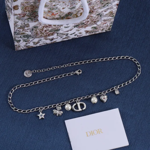 Dior Multi-Charm Necklace Silver White Curb Chain Pendant Necklace 3