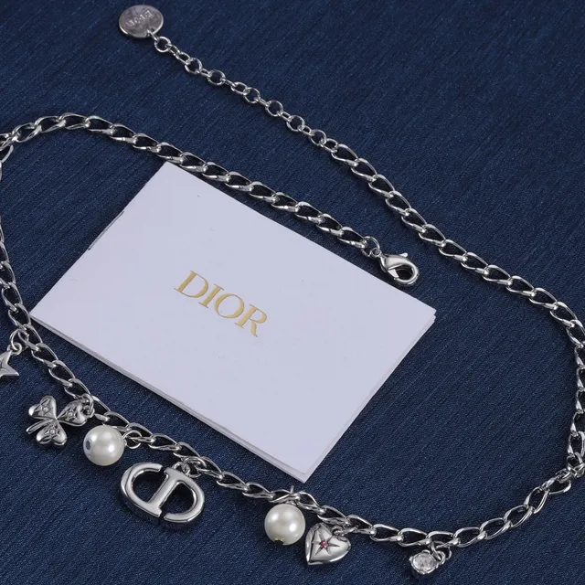Dior Multi-Charm Necklace Silver White Curb Chain Pendant Necklace 4