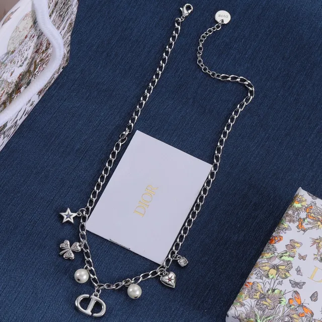 Dior Multi-Charm Necklace Silver White Curb Chain Pendant Necklace 5