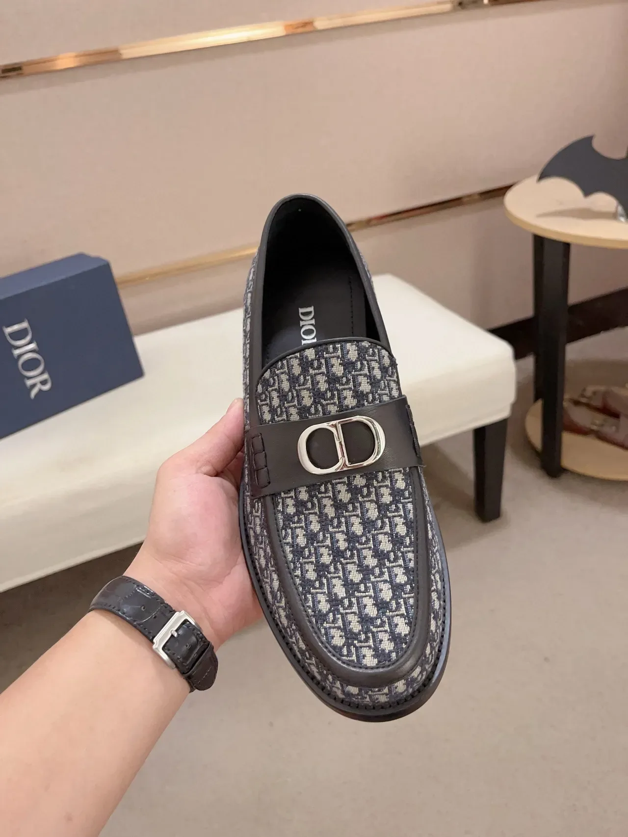 Dior Navy Black Monogrammed Canvas Metal D-Buckle Loafer 5