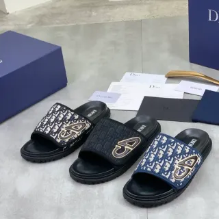 Dior Navy Black Monogrammed Strap Embroidered CD Logo Slippers