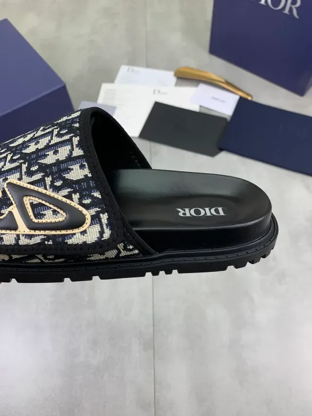 Dior Navy Black Monogrammed Strap Embroidered CD Logo Slippers 4