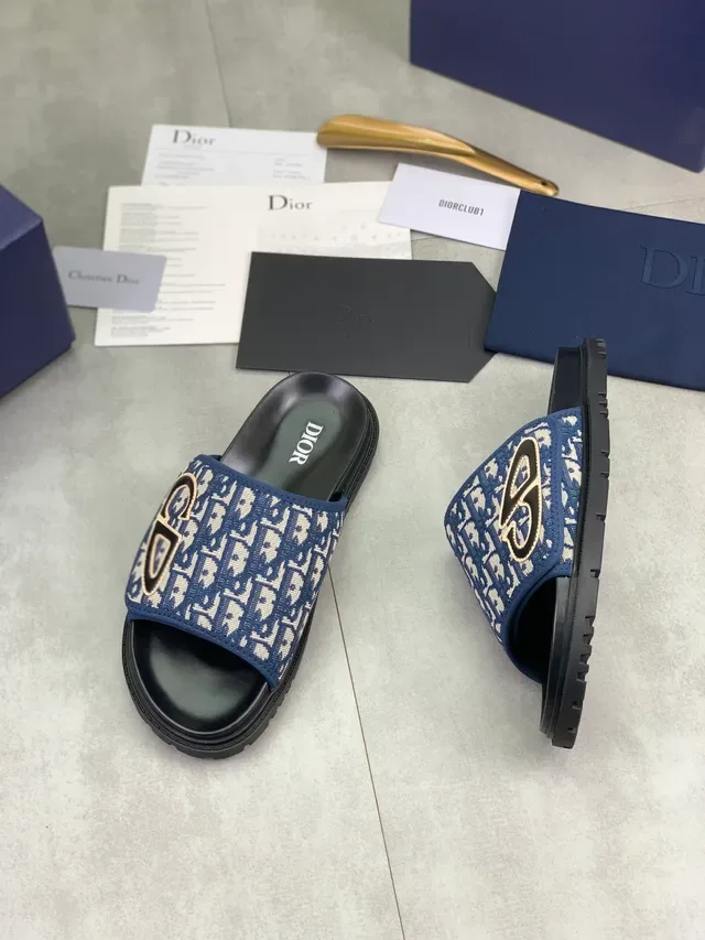Dior Navy Black Monogrammed Strap Embroidered CD Logo Slippers 5