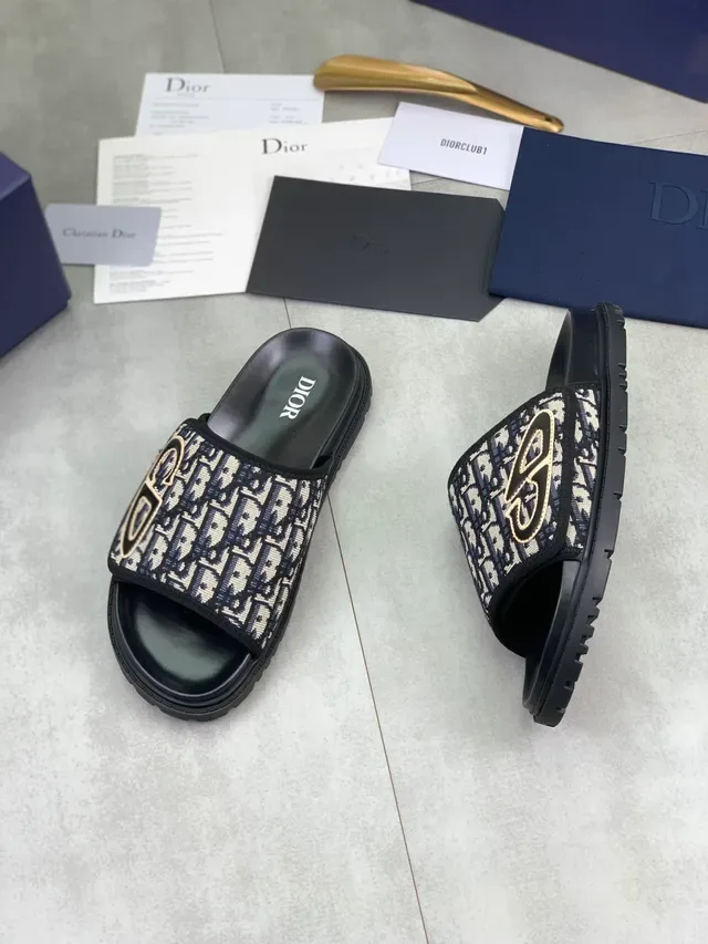 Dior Navy Black Monogrammed Strap Embroidered CD Logo Slippers 7
