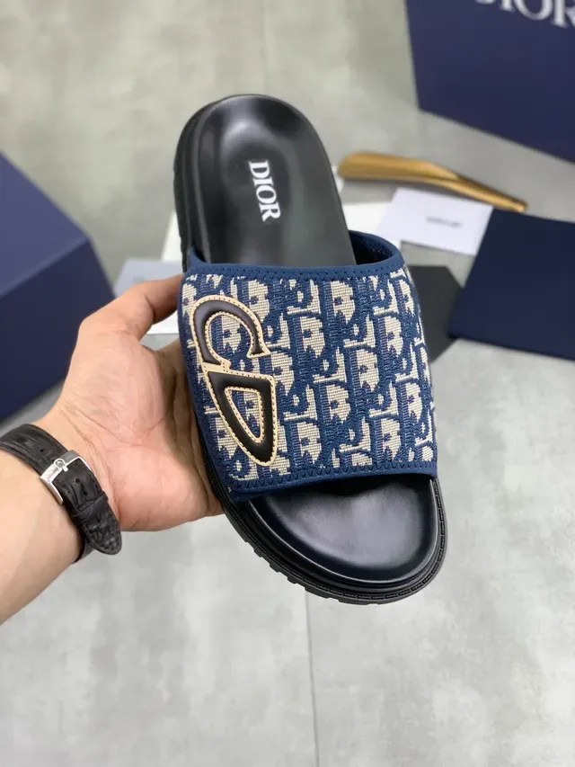 Dior Navy Black Monogrammed Strap Embroidered CD Logo Slippers 8