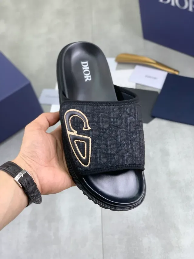 Dior Navy Black Monogrammed Strap Embroidered CD Logo Slippers 9