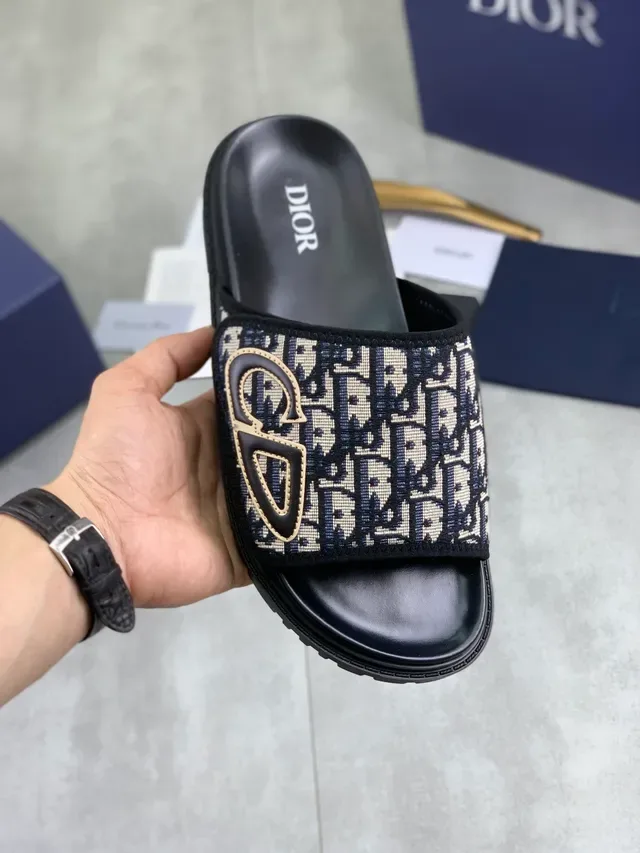 Dior Navy Black Monogrammed Strap Embroidered CD Logo Slippers 10