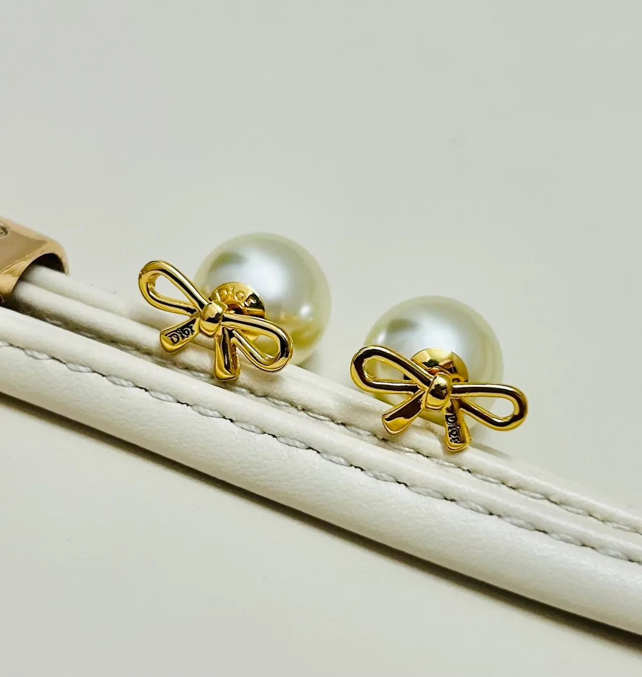 Dior Pearl and Gold Bow Stud Earrings 2