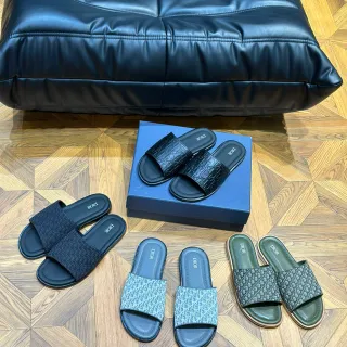 Dior Slide Black Blue Monogrammed Strap Embossed Logo Slippers