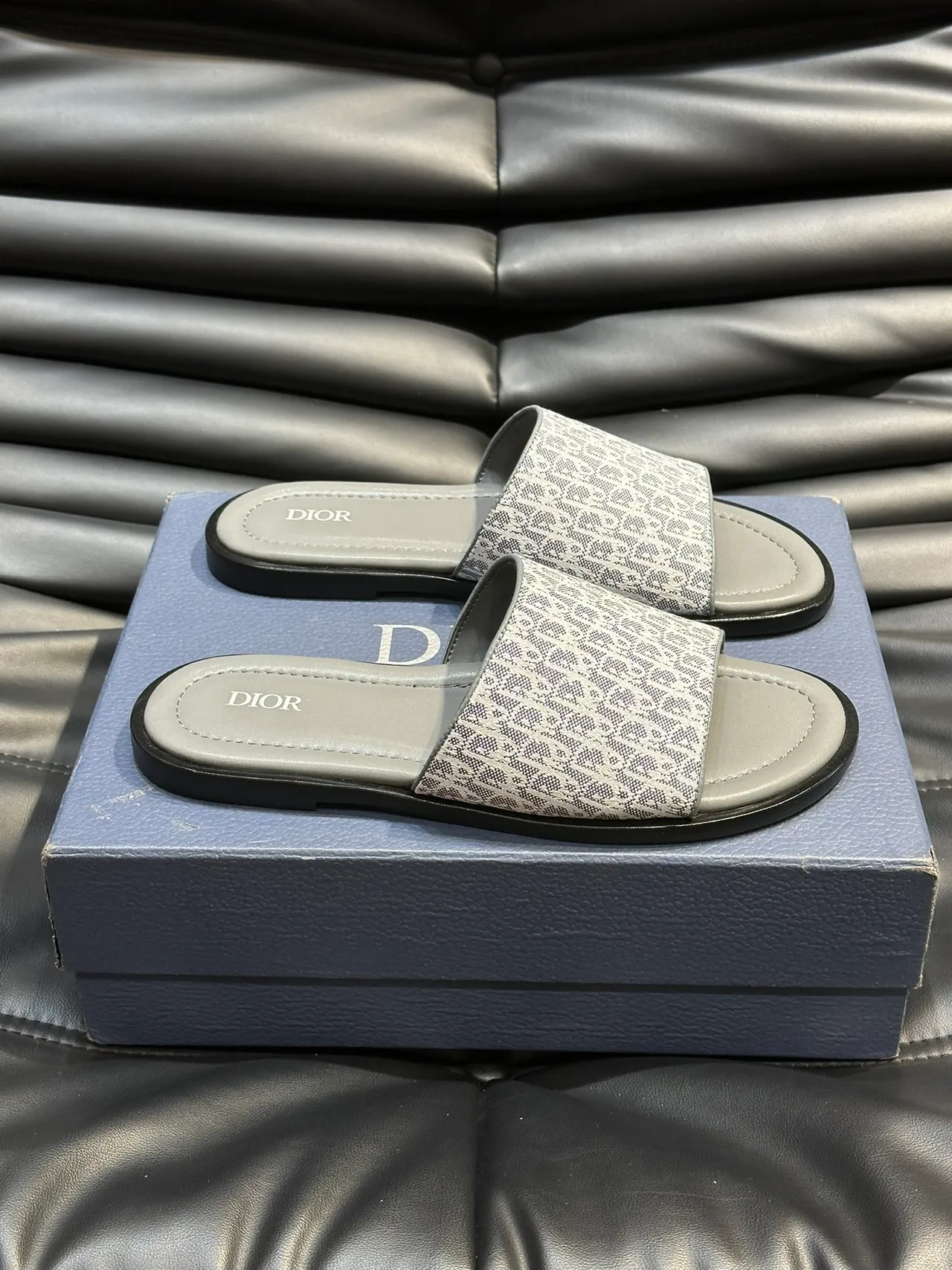 Dior Slide Black Blue Monogrammed Strap Embossed Logo Slippers 5