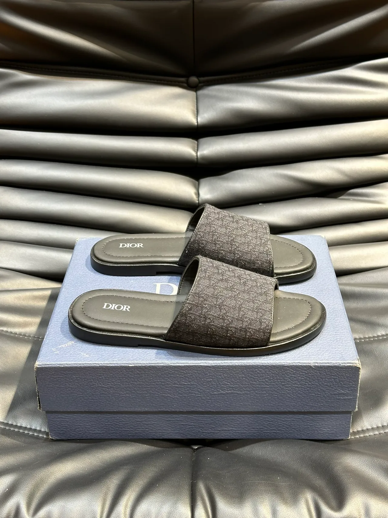 Dior Slide Black Blue Monogrammed Strap Embossed Logo Slippers 6