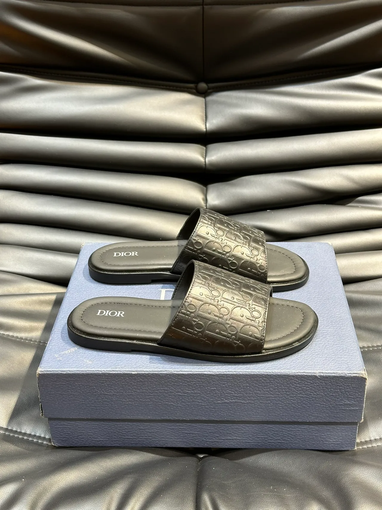Dior Slide Black Blue Monogrammed Strap Embossed Logo Slippers 7