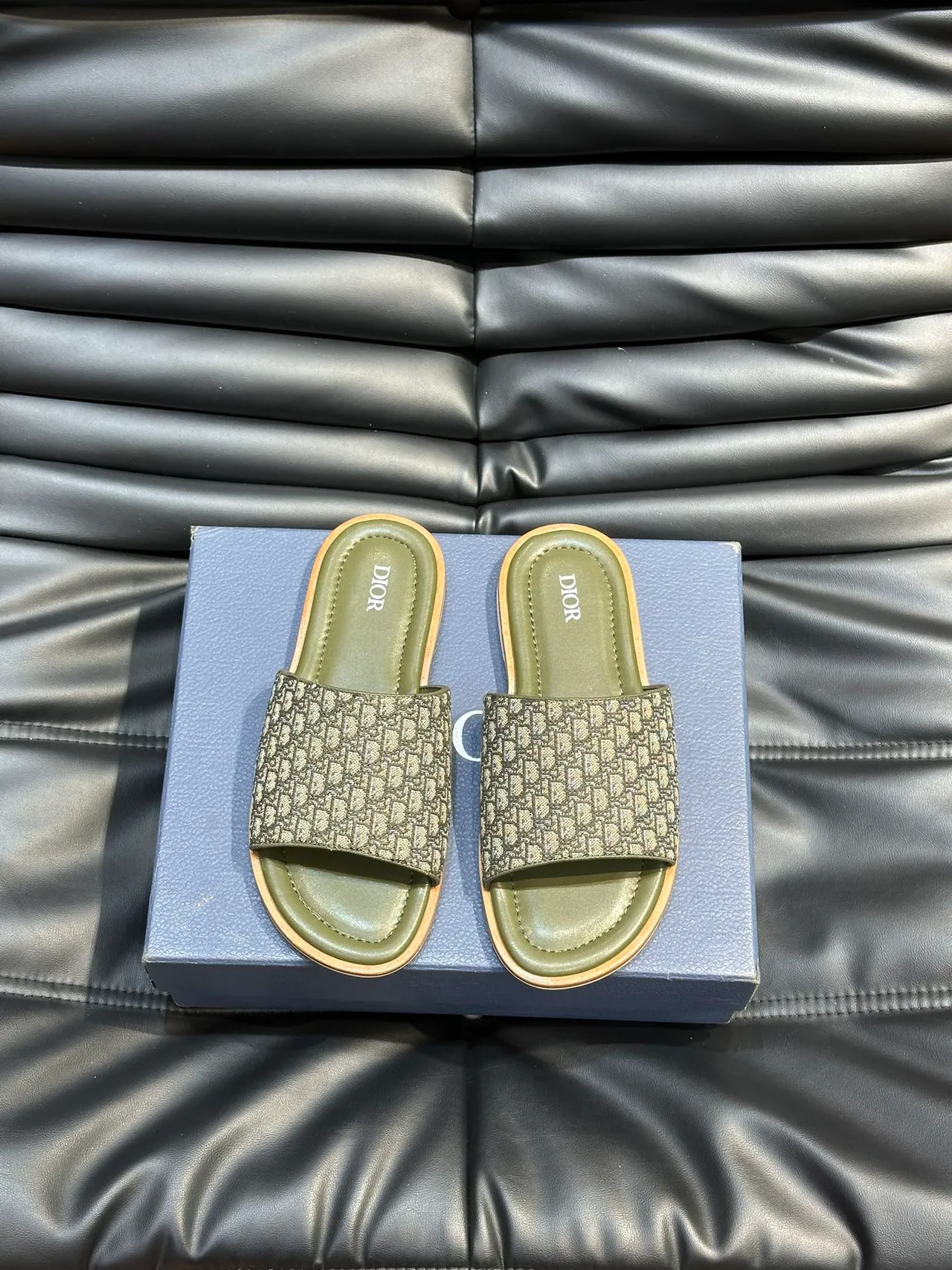 Dior Slide Black Blue Monogrammed Strap Embossed Logo Slippers 8