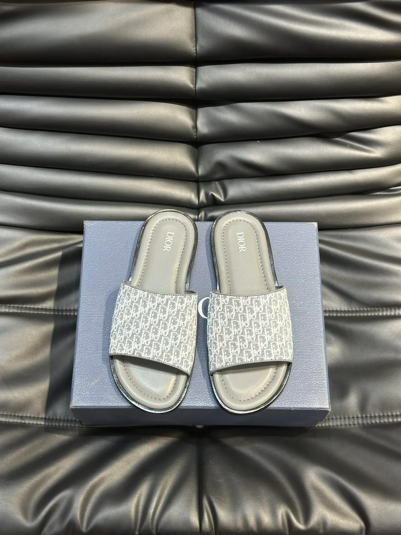 Dior Slide Black Blue Monogrammed Strap Embossed Logo Slippers 9