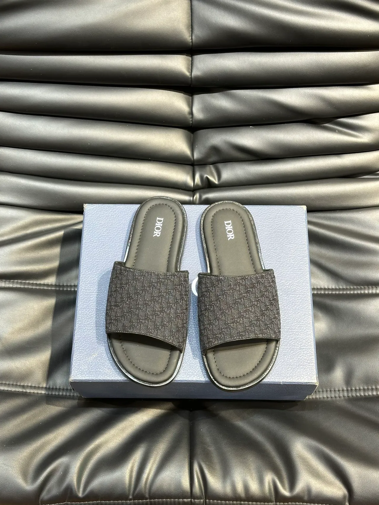 Dior Slide Black Blue Monogrammed Strap Embossed Logo Slippers 10